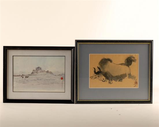 Appraisal: Two Framed Asian Watercolors one of cattle in a field