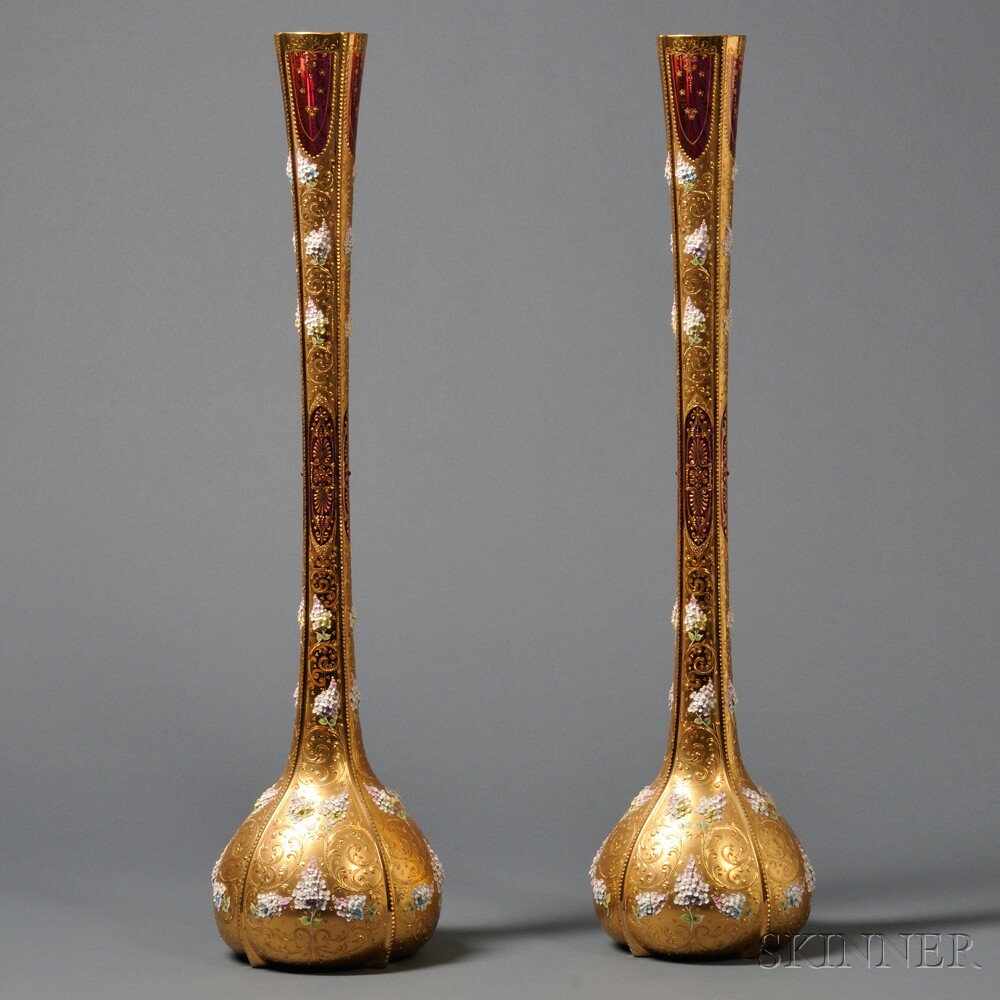 Appraisal: Pair of Tall Bohemian Moser-type Vases th century cranberry ground