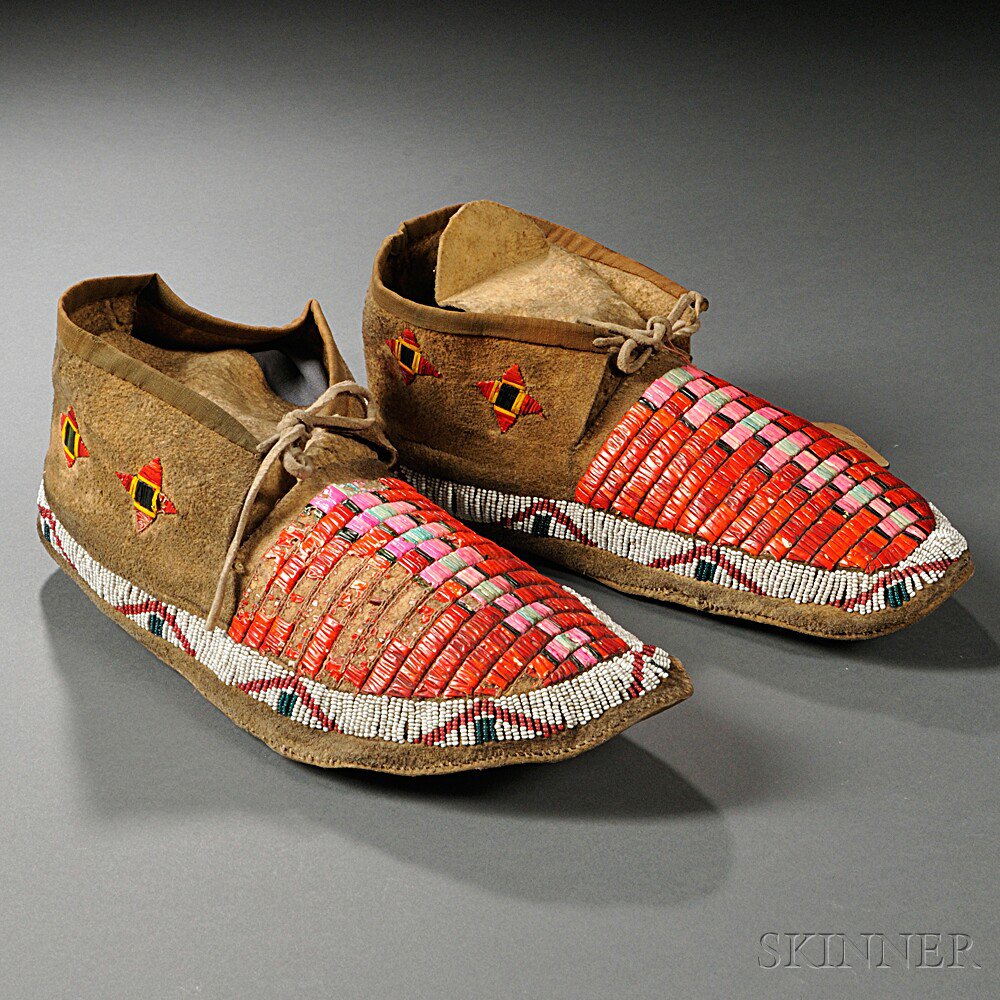 Appraisal: Lakota Quilled and Beaded Hide Moccasins c with multicolored quilled