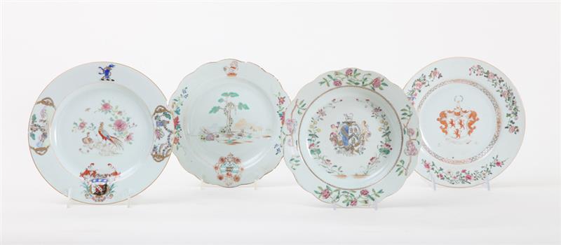 Appraisal: FOUR CHINESE EXPORT FAMILLE ROSE ARMORIAL PORCELAIN PLATES Comprising a