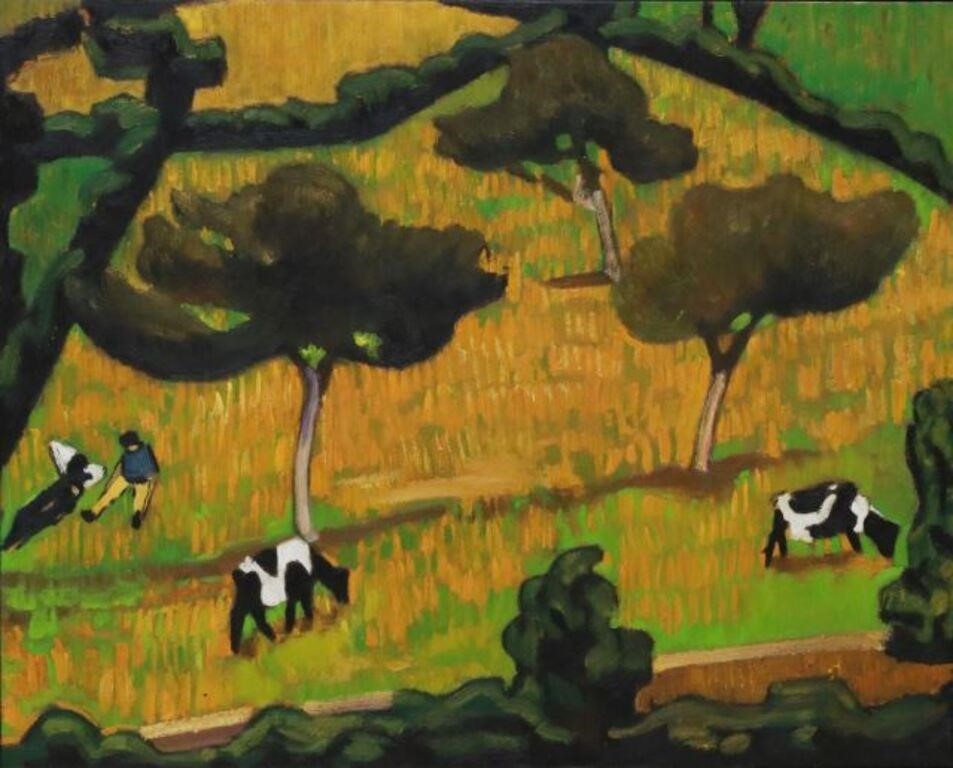 Appraisal: Framed oil on canvas painting Cows in a Meadow after