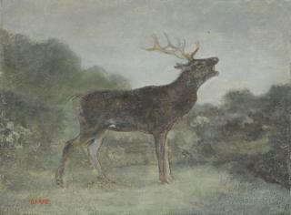 Appraisal: BARYE Antoine-Louis Oil on Canvas Deer i Landscape Signed lower