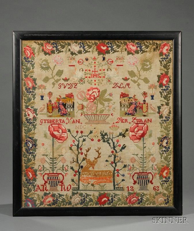 Appraisal: Framed Dutch Wool Needlework Sampler dated wrought by Gysberta Van