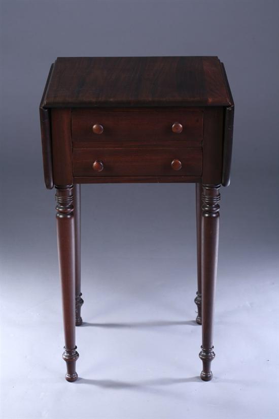 Appraisal: SHERATON STYLE MAHOGANY TWO-DRAWER DROP-LEAF WORK TABLE th century with