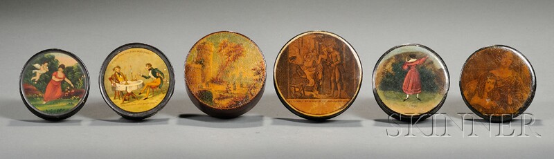 Appraisal: Six Assorted Round Snuff Boxes early th century one of