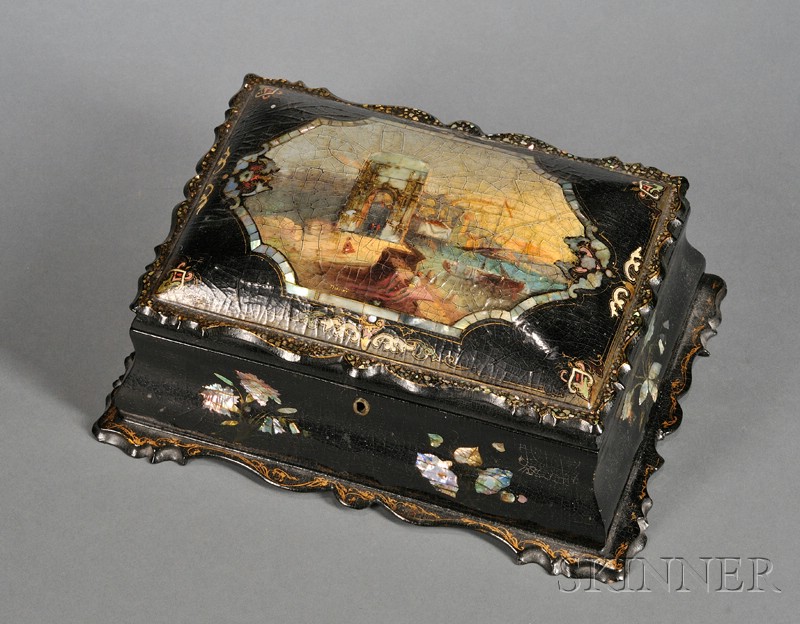 Appraisal: Victorian Papier-mache and Abalone Inlaid Sewing Box late th century