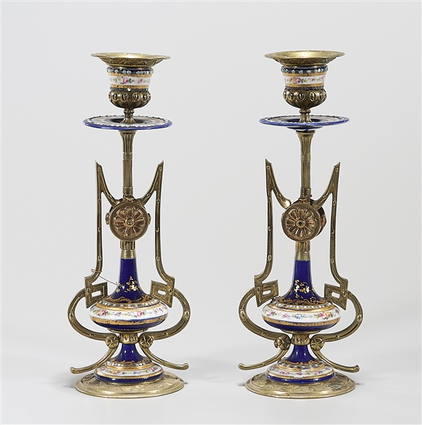 Appraisal: Pair of Sevres-tyle ormolu mounted porcelain candlesticks with gilt painted