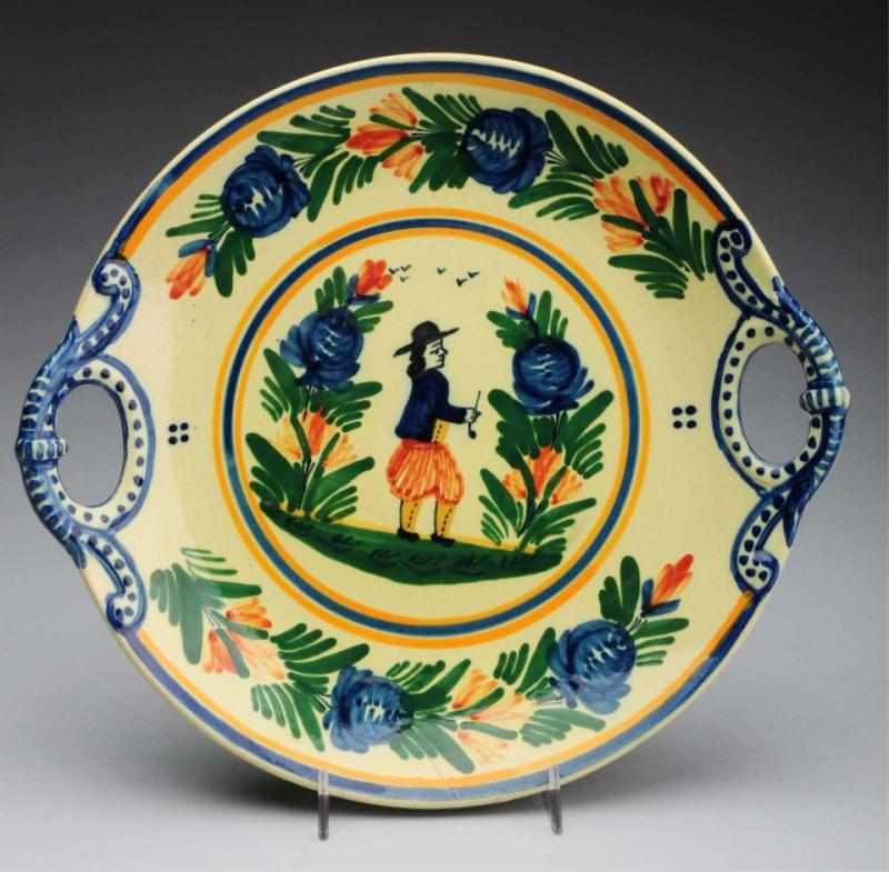 Appraisal: Quimper Decorated Double-Handled Tray Retains a gentleman smoking pipe and