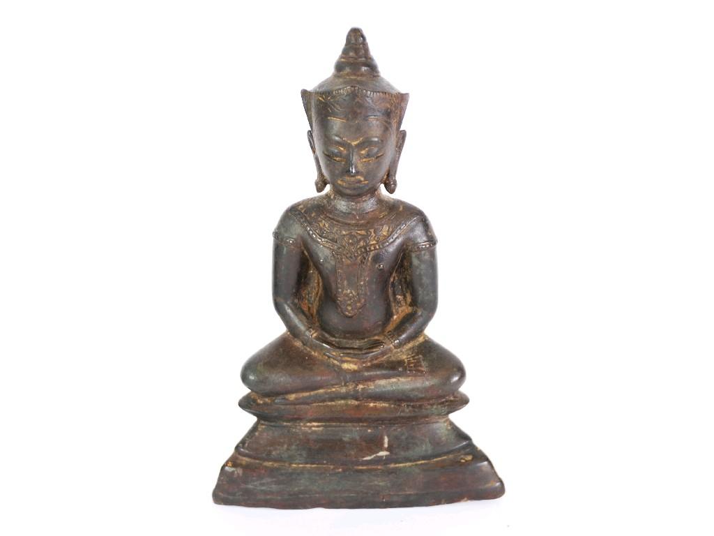 Appraisal: AGED FAR EAST ASIAN CAST BRONZE BUDDHA crowned sat upon