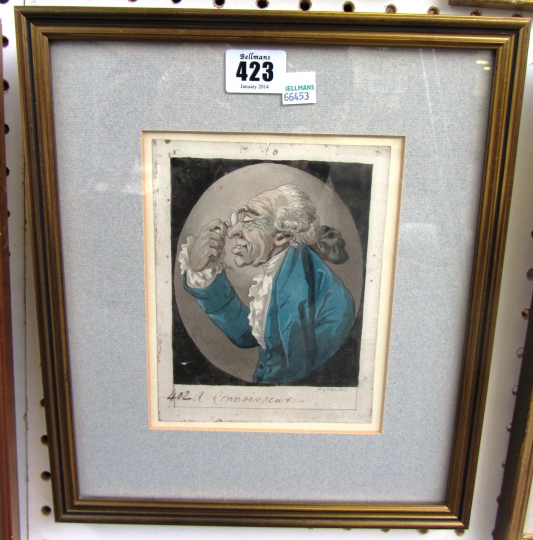 Appraisal: Circle of James Gilray A Connoiseur watercolour inscribed cm x