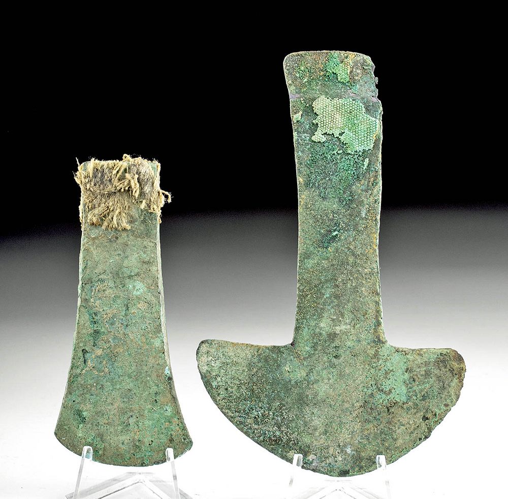 Appraisal: Inca Copper Axe Heads w Textile Remains Pre-Columbian Peru Inca