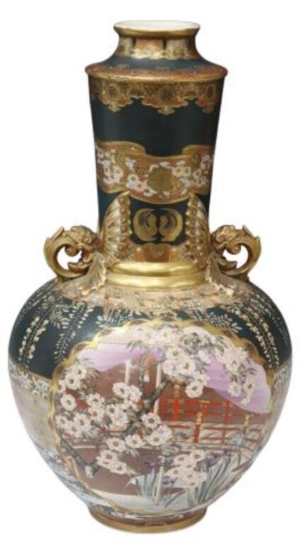 Appraisal: Large Japanese Satsuma vase matte black ground raised gilt enamel