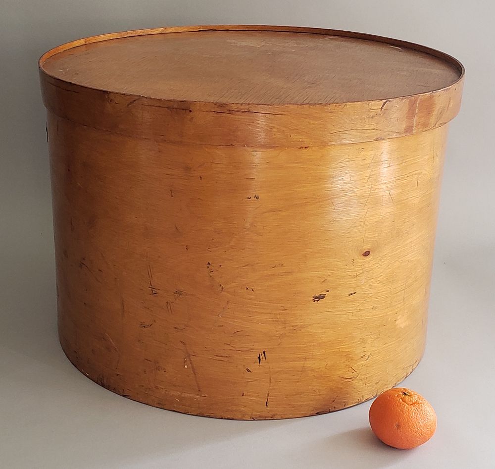 Appraisal: Vintage Banded Wood Oversized Covered Hat Box Vintage Banded Wood