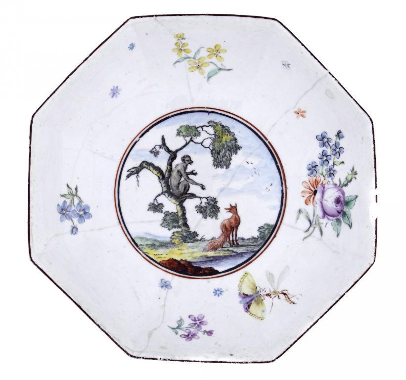 Appraisal: A CHELSEA OCTAGONAL FABLE PAINTED SAUCER RED ANCHOR PERIOD painted