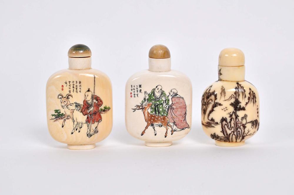 Appraisal: THREE CHINESE PAINTED SNUFF BOTTLESEach capped and with character inscriptions