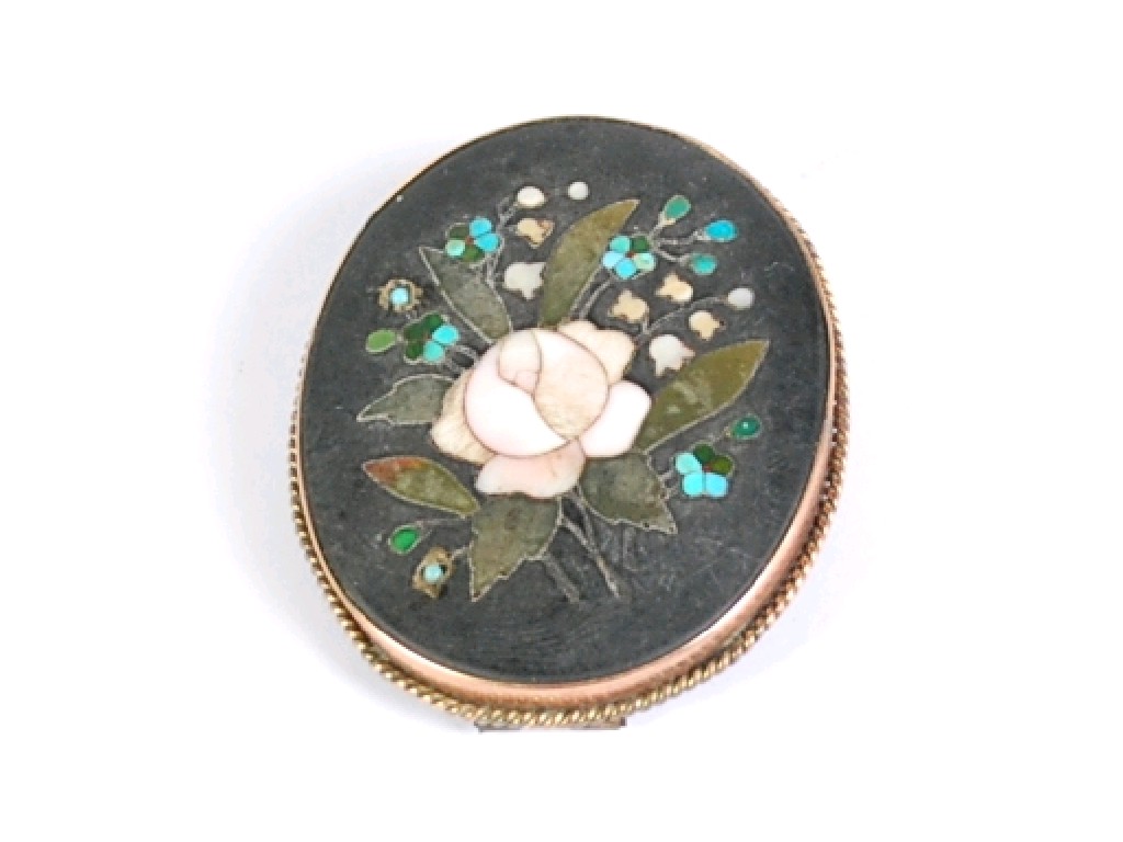 Appraisal: VICTORIAN OVAL FLORAL MOSAIC AND BLACK MARBLE OVAL BROOCH in