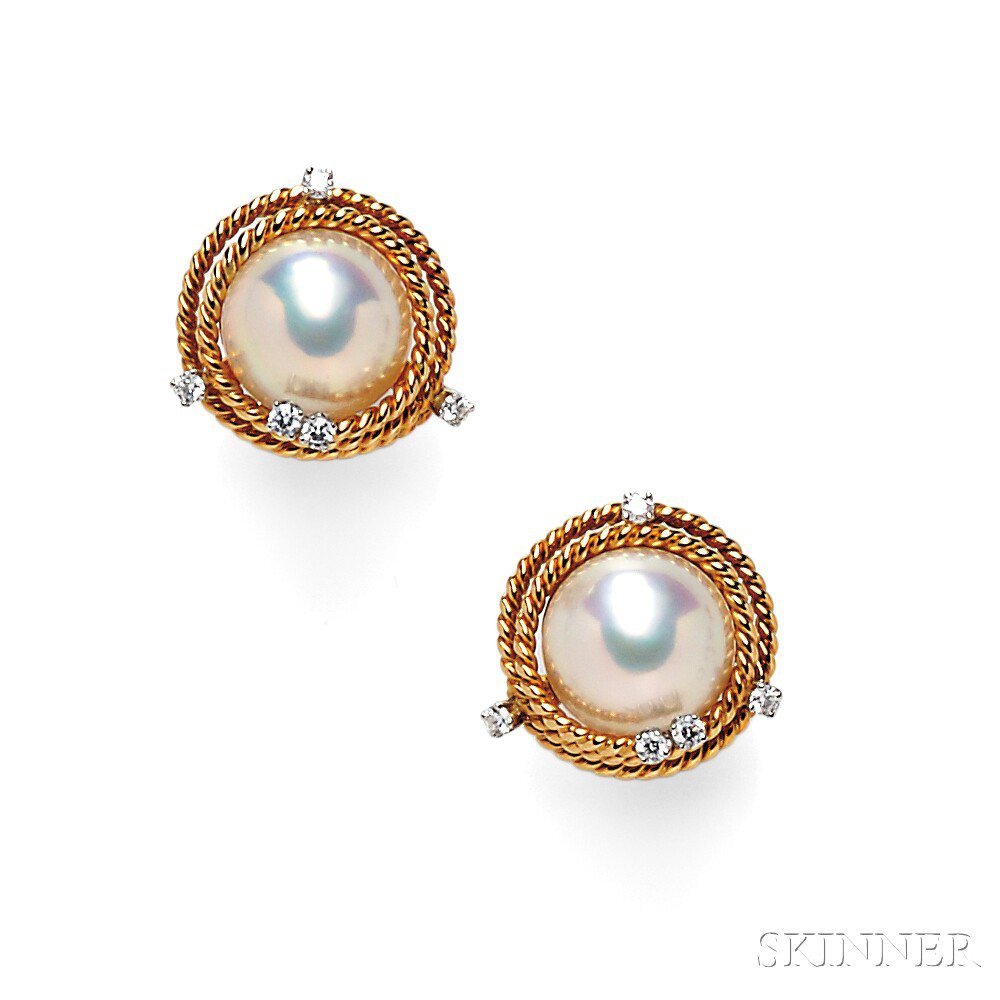 Appraisal: Mabe Pearl and Diamond Earclips Schlumberger Tiffany Co each set