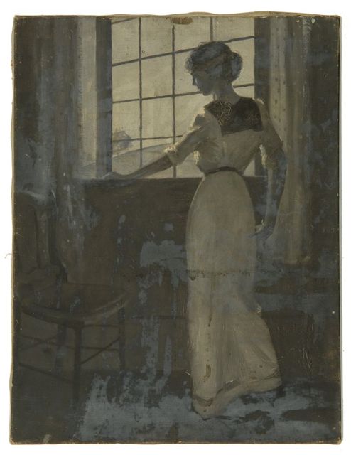 Appraisal: UNSIGNED ILLUSTRATIONDepicting a woman standing at a window Oil on