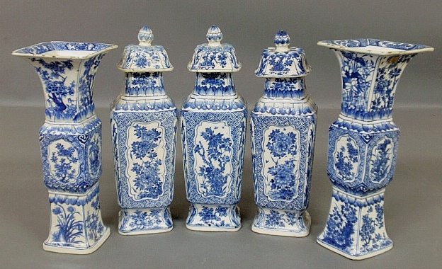 Appraisal: - Delft blue and white porcelain five-piece garniture set th