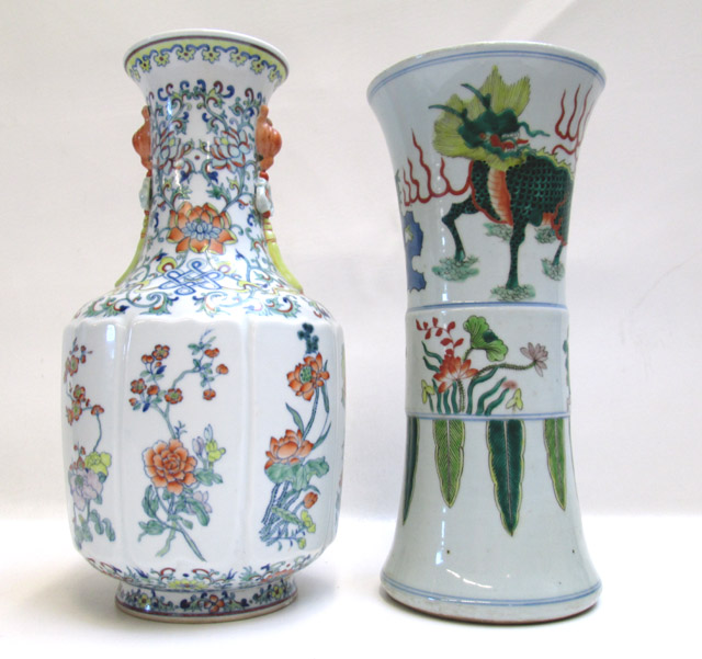 Appraisal: TWO CHINESE WUCAI PORCELAIN VASES beaker vase mid- th century