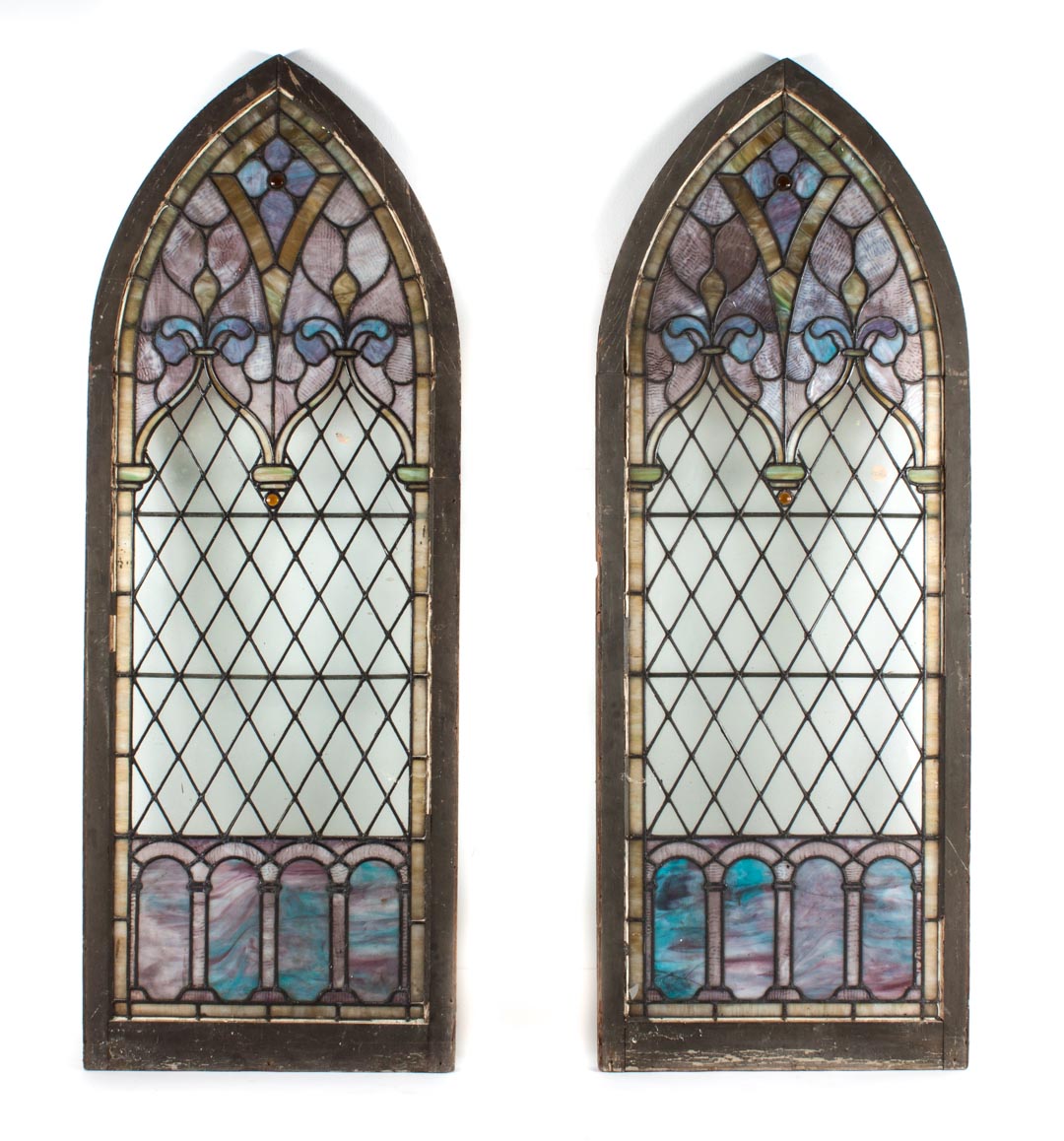 Appraisal: Pair of Gothic style leaded glass window panels first quarter-