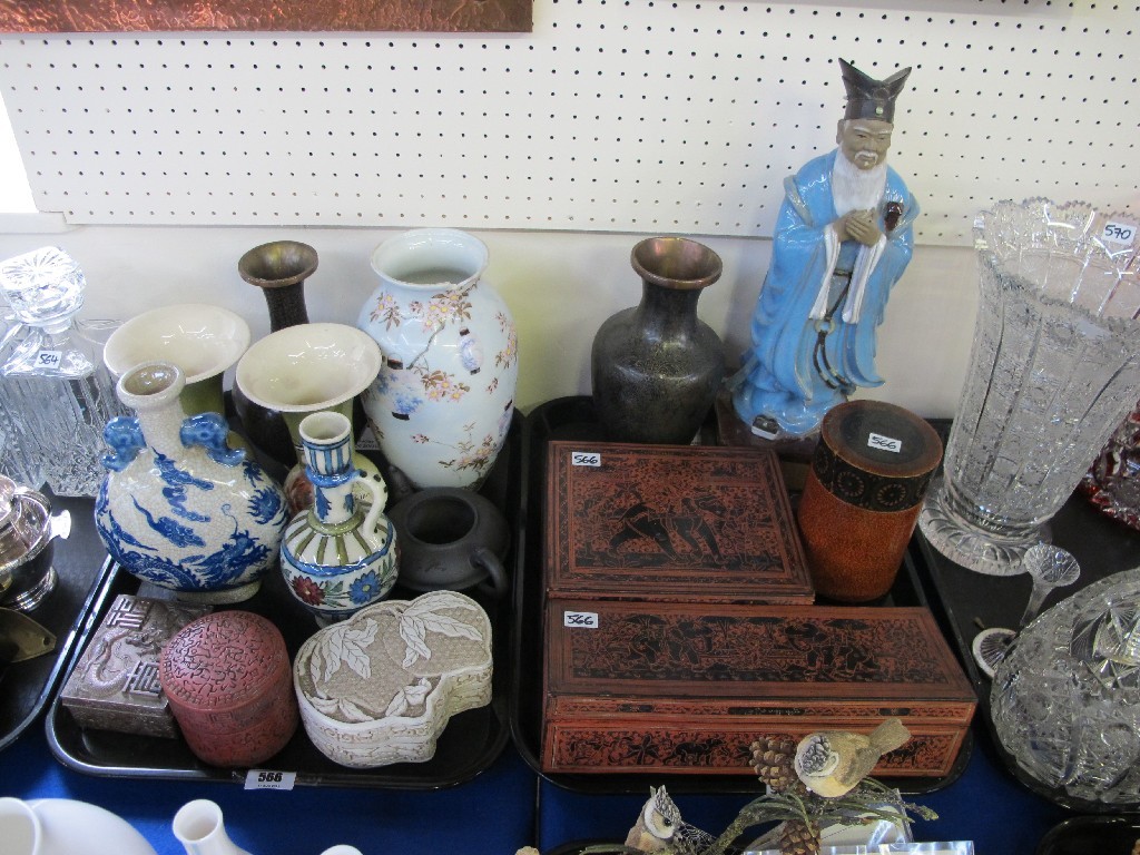 Appraisal: Two trays of oriental ware to include vases Cloisonne boxes