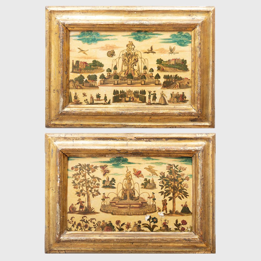 Appraisal: Pair of Italian Painted Lacca Povera Panels Each depicting whimsical