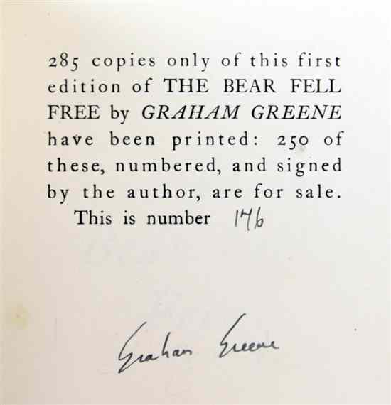 Appraisal: GREENE G THE BEAR FELL FREE signed limited edition no