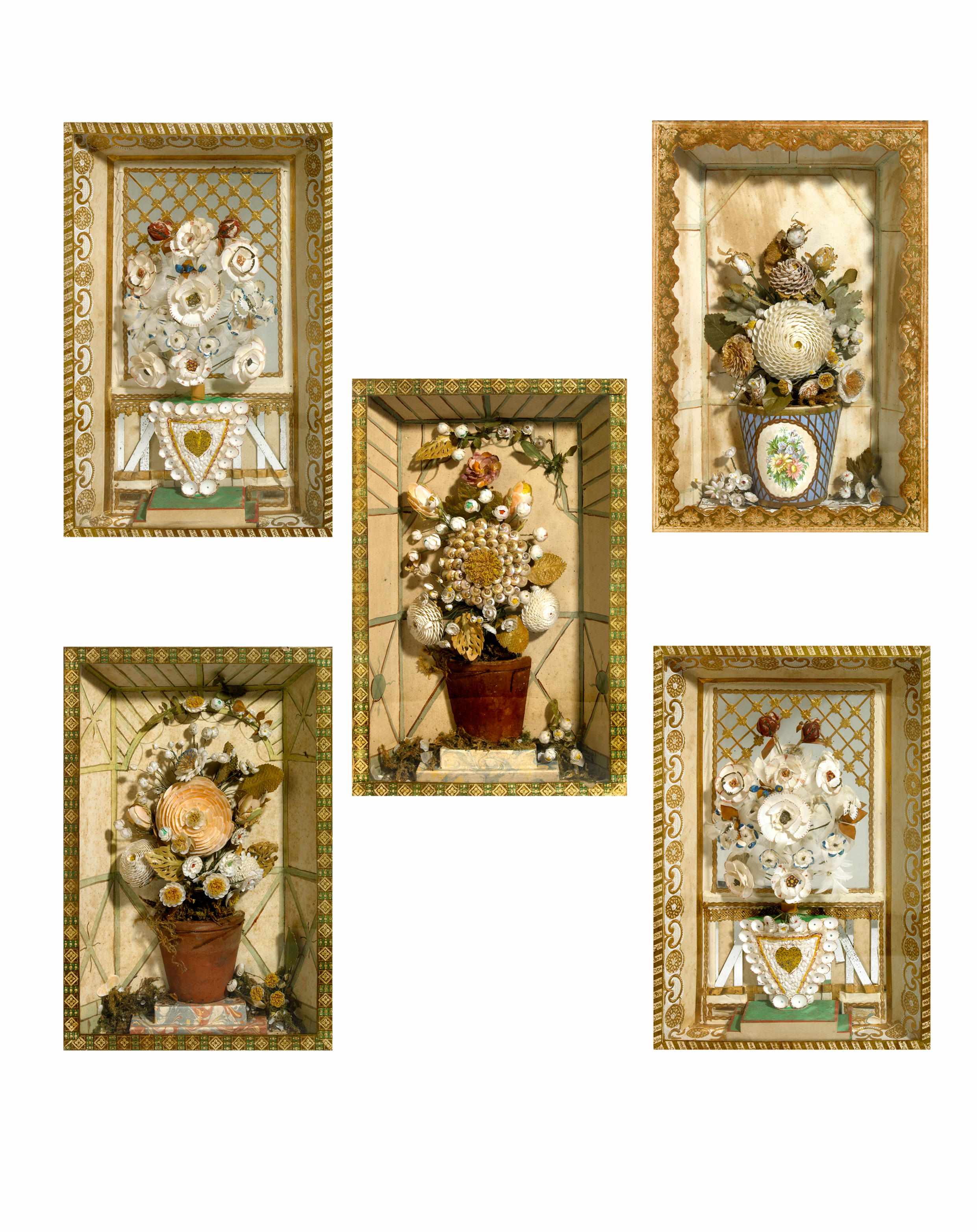 Appraisal: A group of five Italian shell painted paper and mirrored