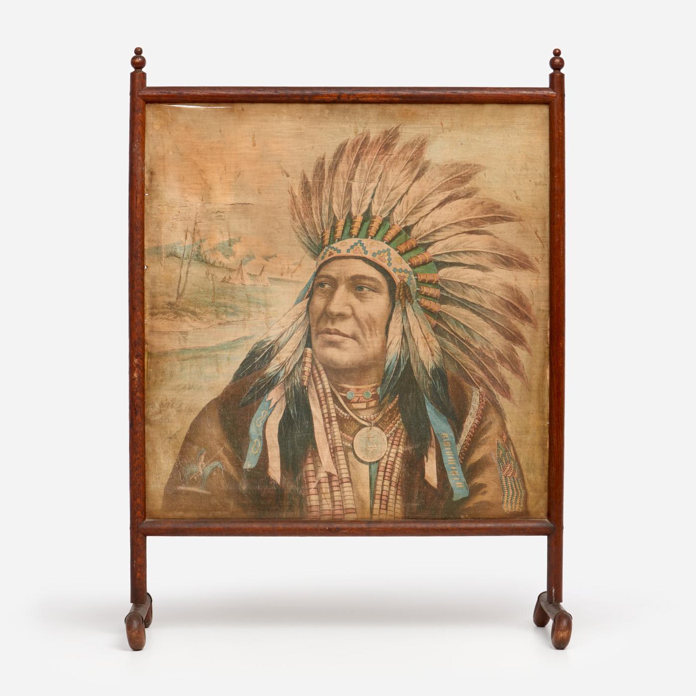 Appraisal: ANTIQUE INDIAN CHIEF FIRE SCREEN SCHWAB WOLF An antique oak