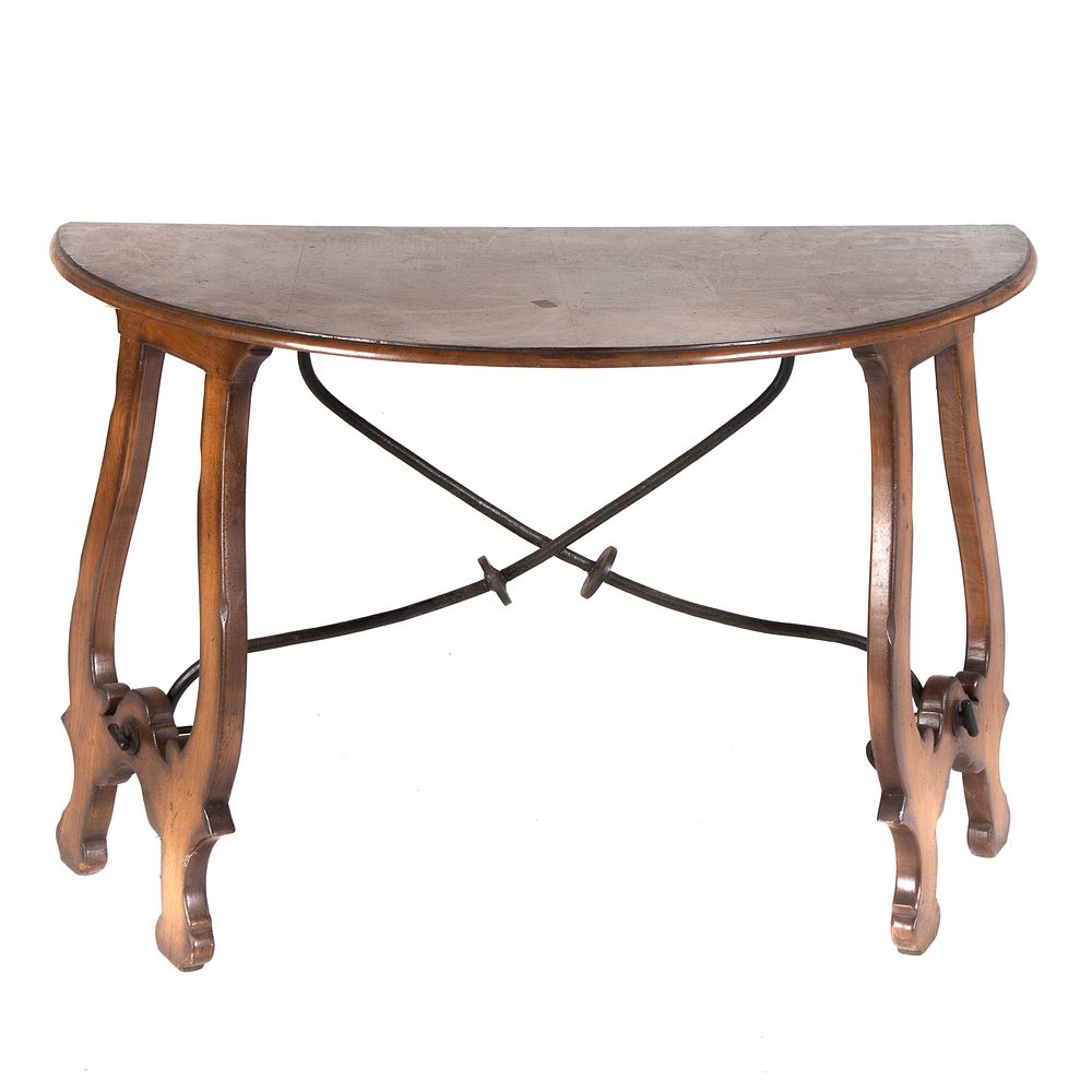 Appraisal: Continental Burled Walnut Demilune Table Carved legs with wrought iron