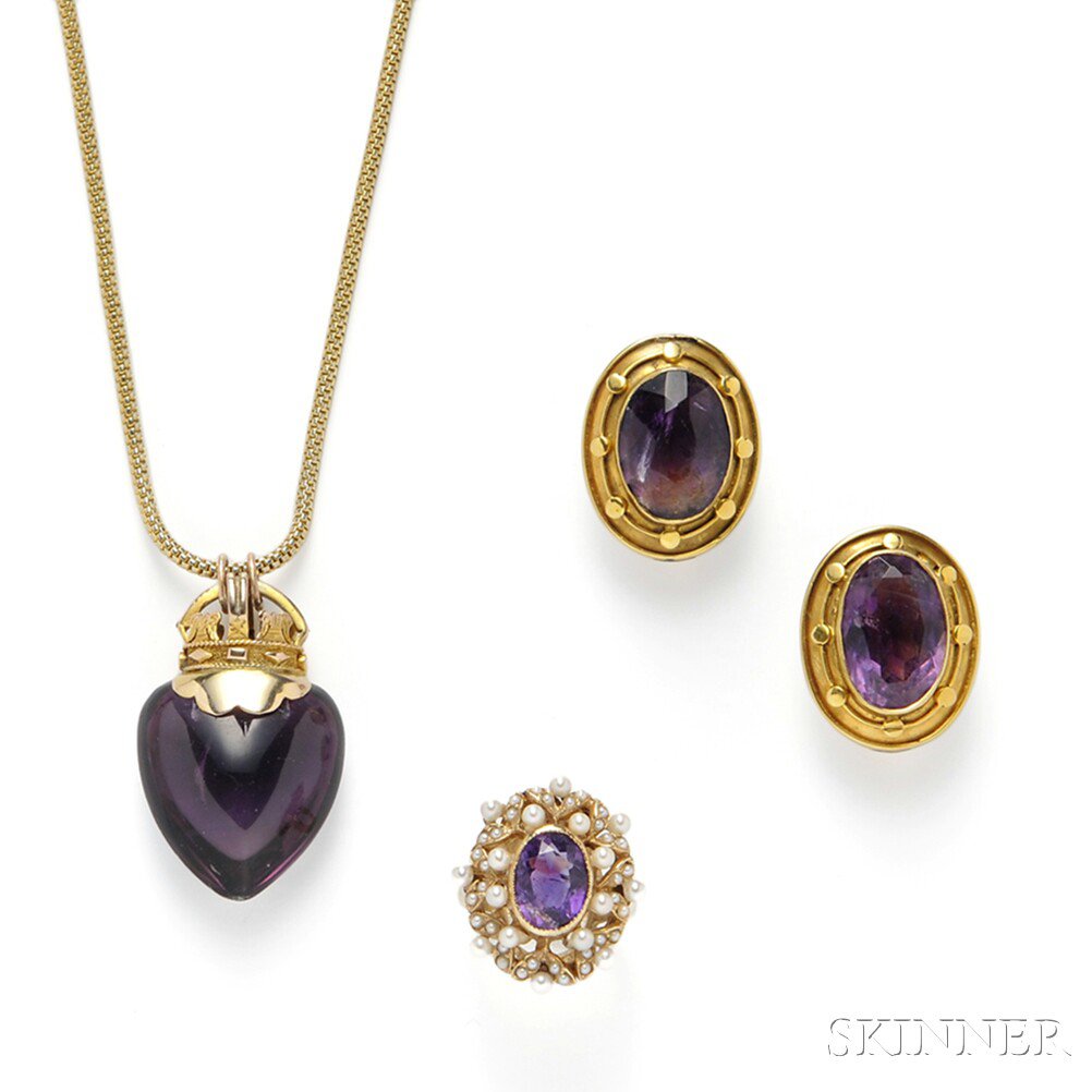 Appraisal: Group of Gold and Amethyst Jewelry a crowned heart pendant