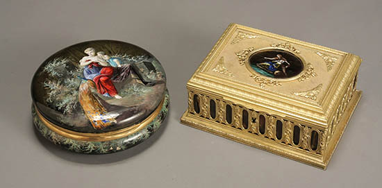 Appraisal: Limoges Enamel Pillow-Form Box and a Limoges Enamel and Tortoiseshell