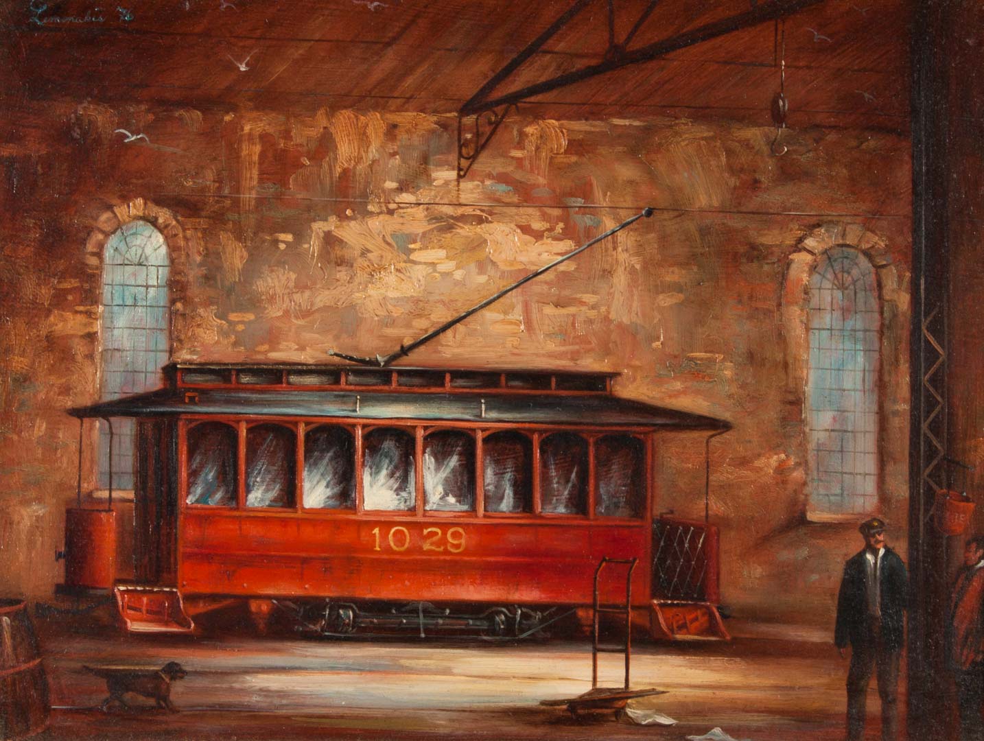 Appraisal: C Lemonakis Trolley No oil on panel American th century