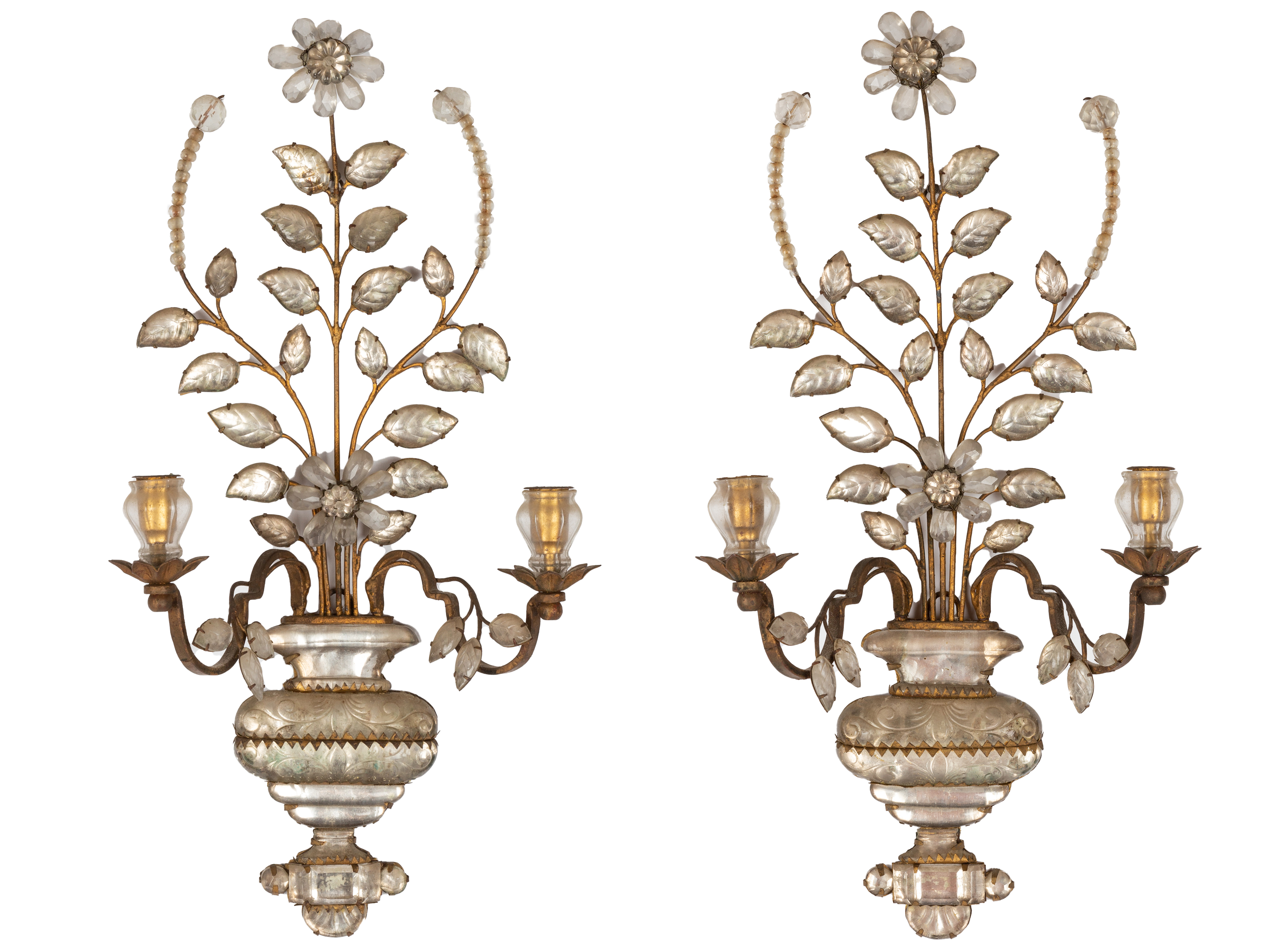 Appraisal: PAIR OF ROCCO ROCK CRYSTAL GILT METAL CANDLE WALL SCONCES