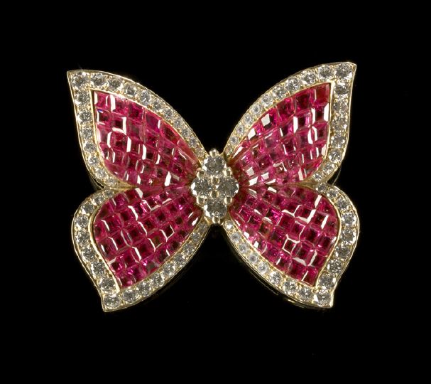 Appraisal: Dramatic Eighteen-Karat Yellow Gold Ruby and Diamond Butterfly-Shaped Pin Brooch