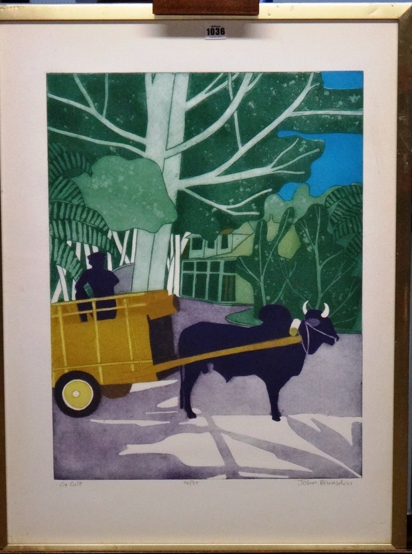 Appraisal: John Brunsdon - Ox Cart Green Sun two colour aquatints