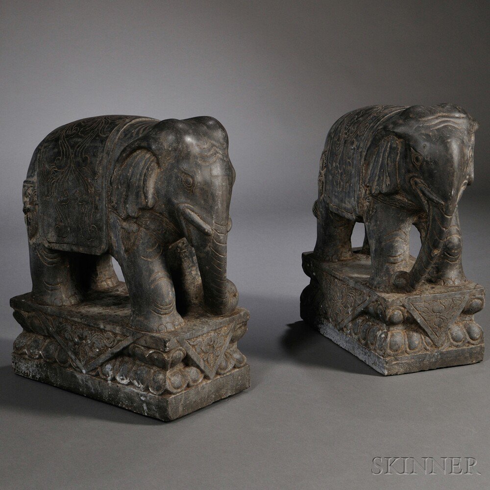 Appraisal: Pair of Stone Elephants China th century possibly made of