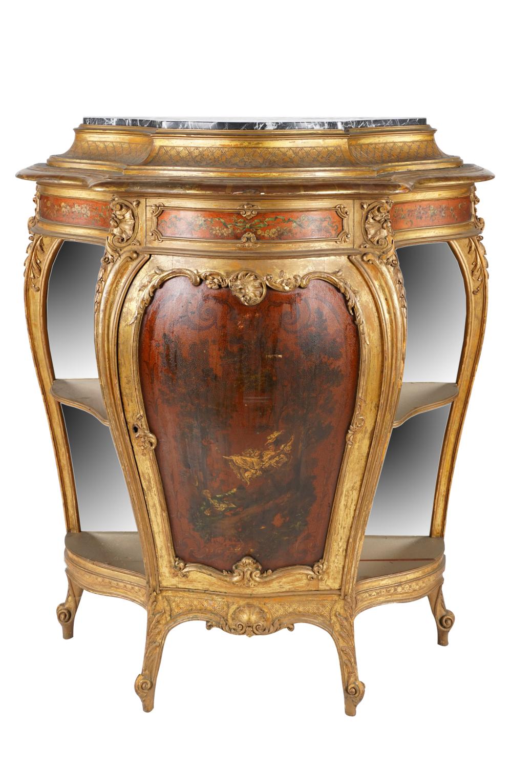 Appraisal: ROCOCO STYLE GILT PAINTED WOOD CABINETthe bombe case with marble