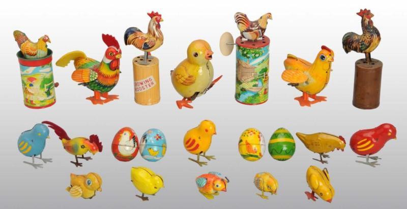 Appraisal: Lot of Tin Litho Rooster Chick Toys Description Japanese Working