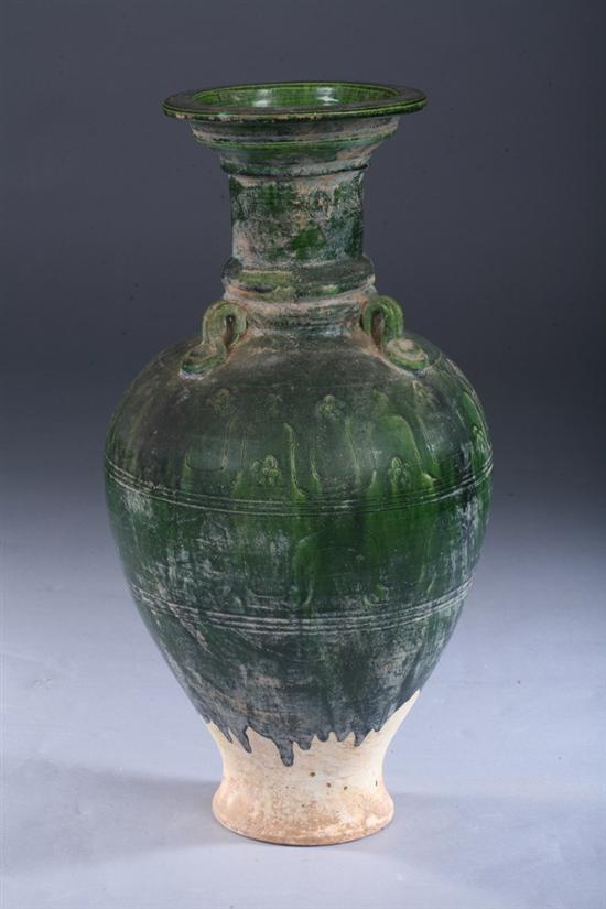 Appraisal: CHINESE GREEN GLAZED POTTERY VASE Of baluster-form the shoulder with