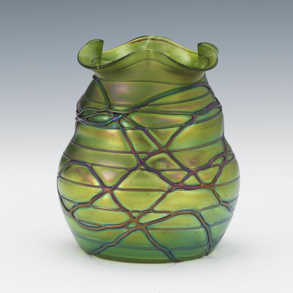 Appraisal: LOETZ IRIDESCENT THREADED VASE x Blown glass vase with quatrefoil