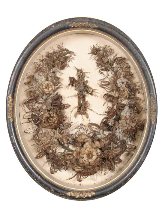 Appraisal: IMPRESSIVE VICTORIAN HAIR WREATH th century Abundant horseshoe-shaped wreath composed