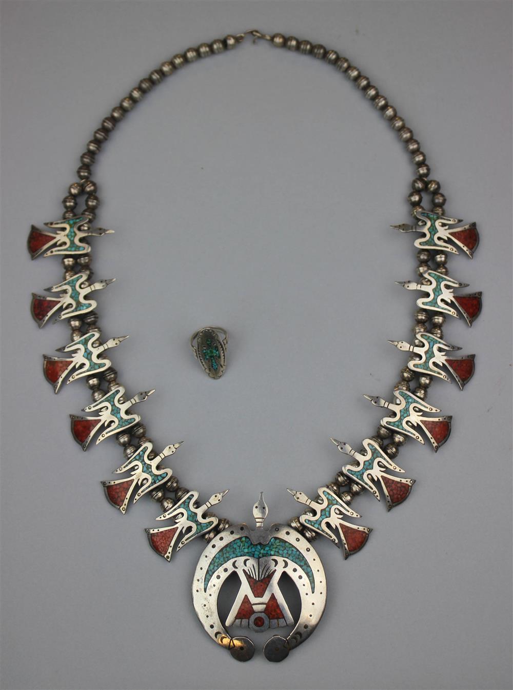 Appraisal: NATIVE AMERICAN CHIP INLAY SILVER SQUASH BLOSSOM NECKLACE AND RING