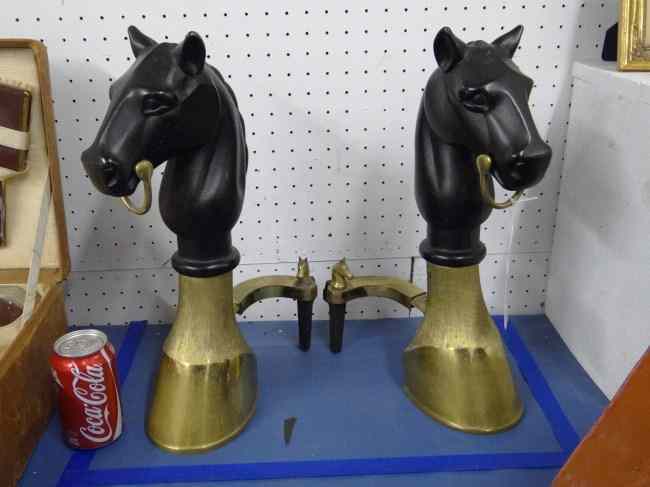 Appraisal: Pair iron and brass horse head andirons '' Ht