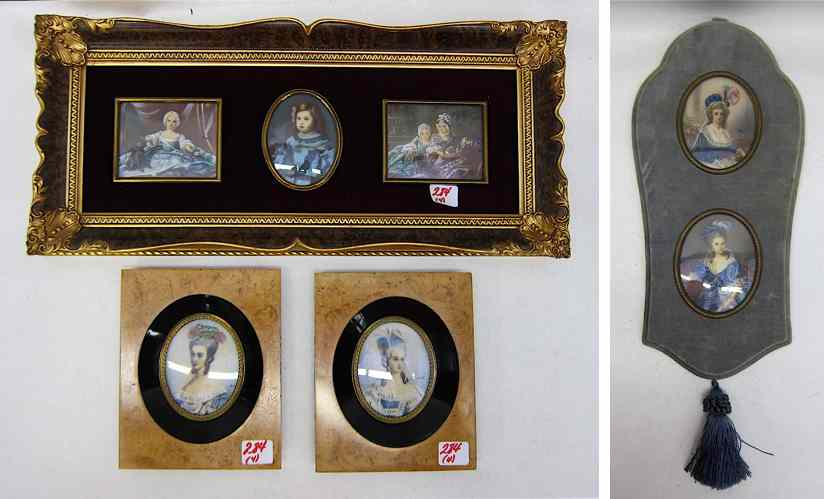 Appraisal: FOUR FRAMES OF MINIATURES two hand painted oval miniatures of