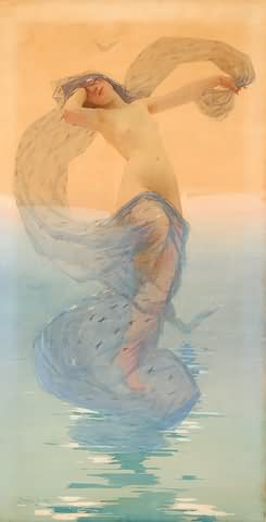 Appraisal: Female nude illustration classical figure floating over water watercolor x