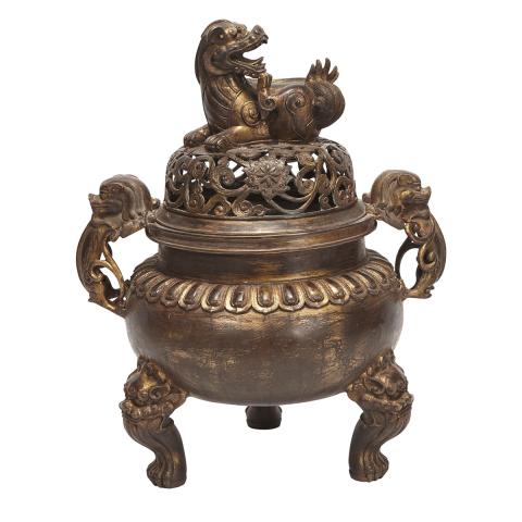 Appraisal: A Rare and Massive Gilt Bronze Tripod Censer and Cover