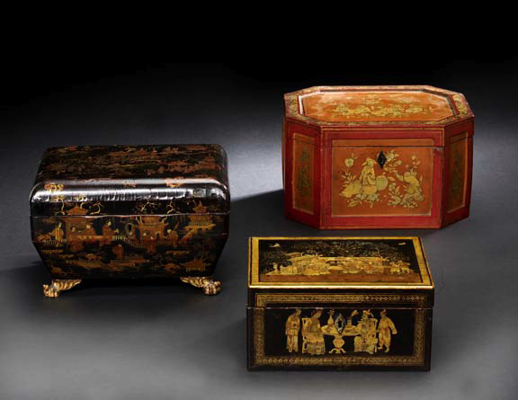 Appraisal: Chinese Export Deux-Couleur-Gilded Cinnamon- and Cinnabar-Lacquered Double-Compartment Octagonal Tea Box