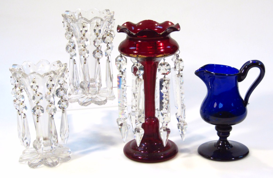 Appraisal: Various glassware comprising an early thC ruby glass lustre with